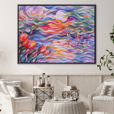 Toile Tulipes Coucher de Soleil