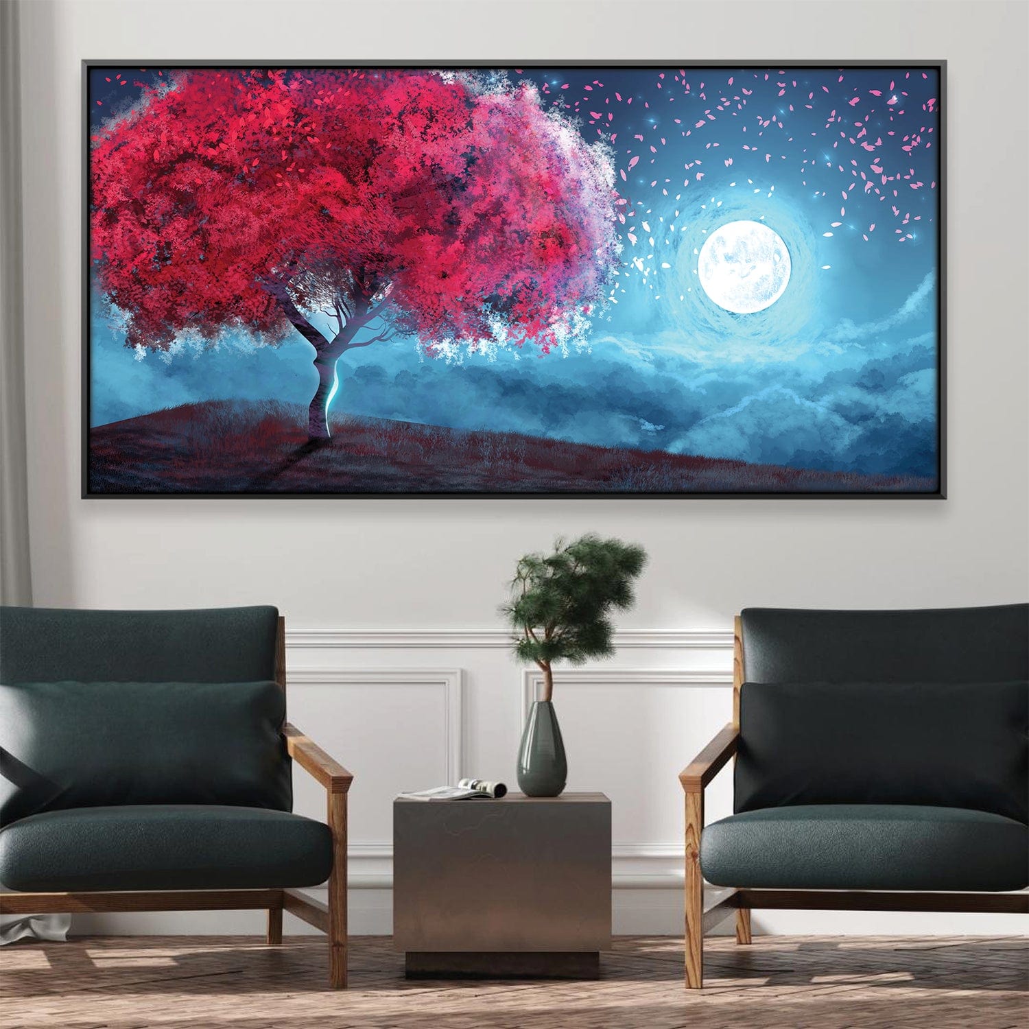 Feuilles rouges dans la toile au clair de lune