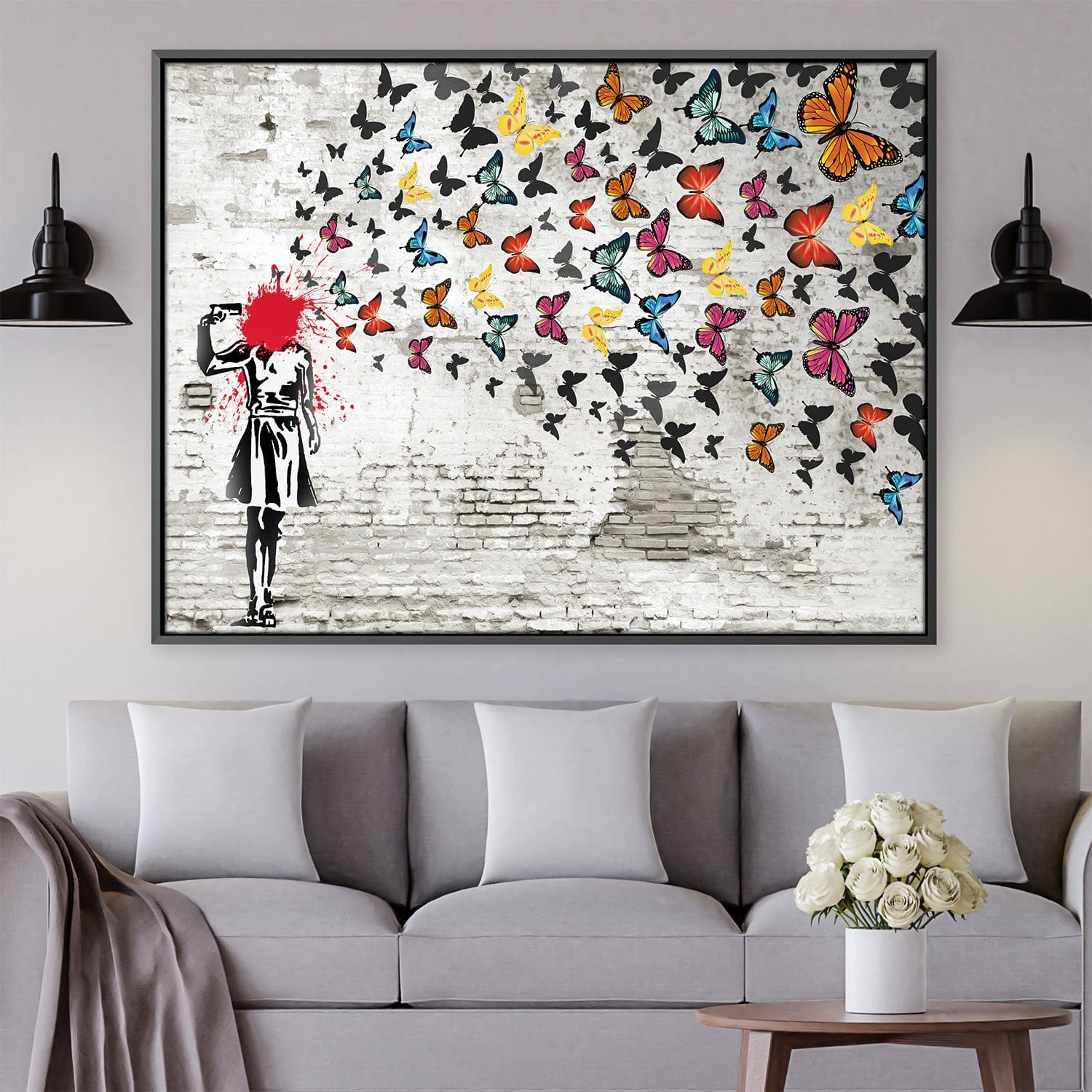 Toile Banksy Girl tirant des papillons