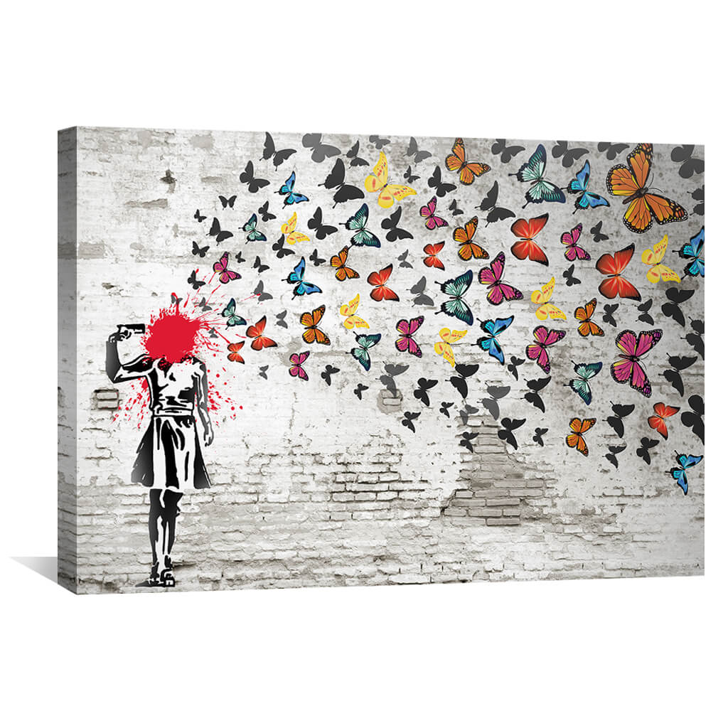 Toile Banksy Girl tirant des papillons