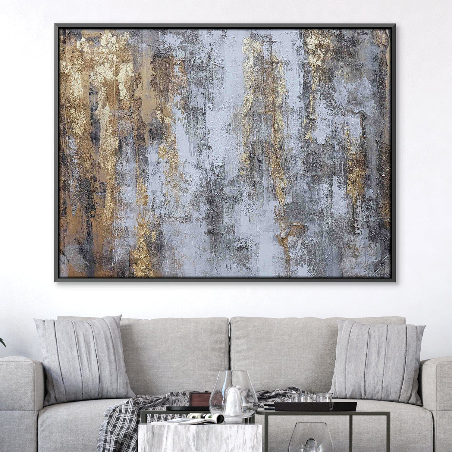 Peinture à l’huile abstraite gris et or
